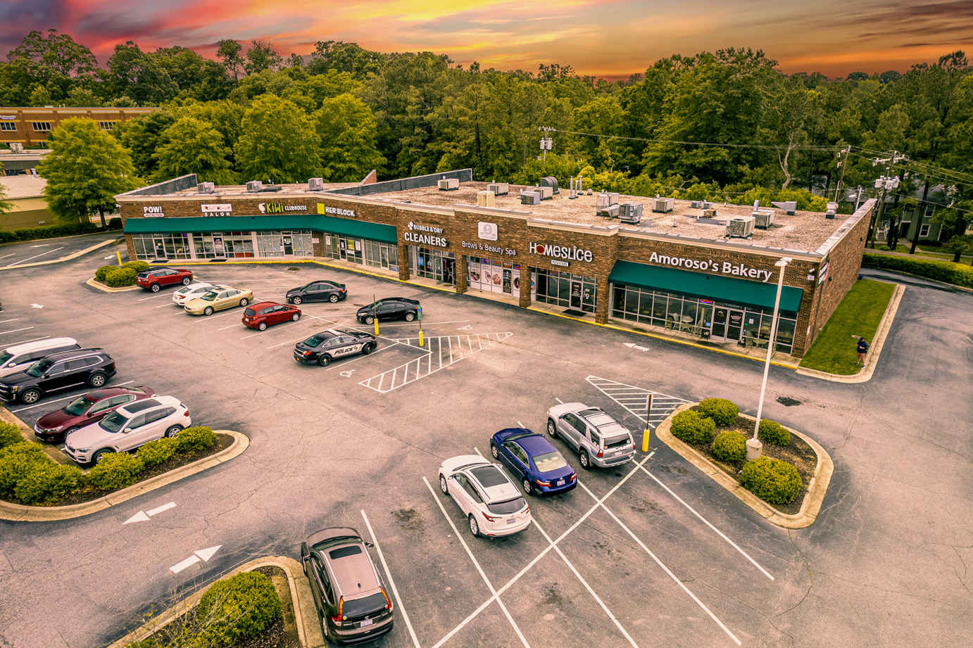 Exterior, restaurant building and car park, aerial view